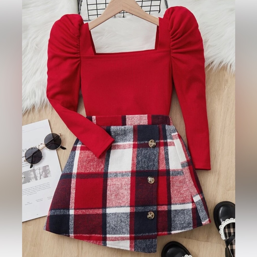 SHEIN Girls Gigot Sleeve Top & Plaid Print Asymmetrical Hem Skirt